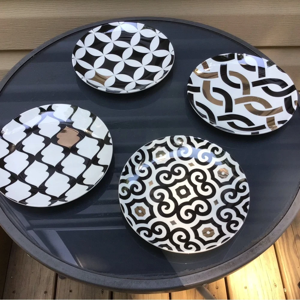 New in Box “Designer Set of (4) Dessert Plates, Embellished with/ 14K Gold”